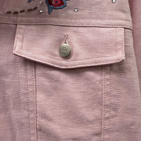 Quacker Factory Pink Linen Blend Embroidered Butterfly & Floral Jacket Sz Medium - Picture 7 of 11